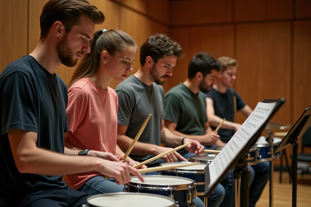 Équipe de collègues jouant ensemble à un atelier de percussion stratégique lors d'un team building musical