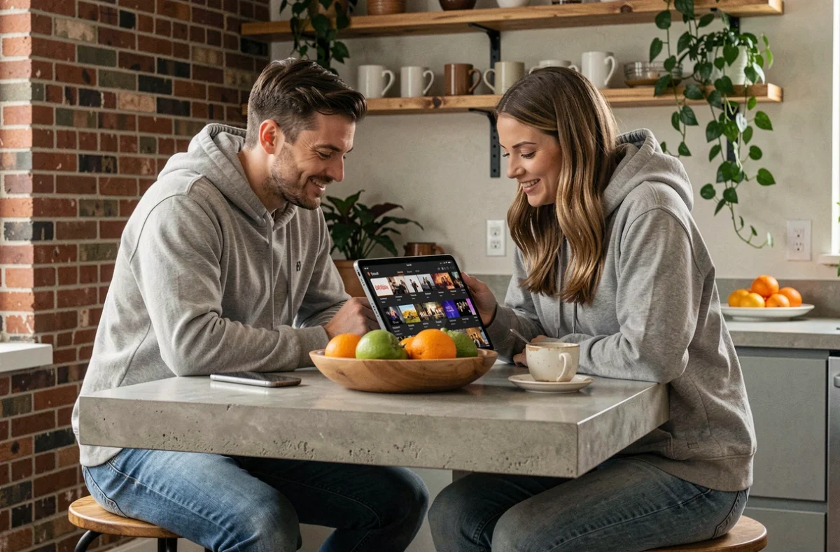 Deux amis parcourant le catalogue d'une plateforme de streaming sur une tablette dans une cuisine moderne