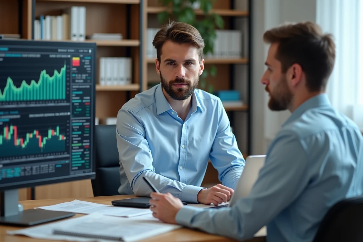 Homme analysant des graphiques boursiers sur un écran d'ordinateur dans un bureau à domicile organisé, entouré de journaux financiers et de notes manuscrites
