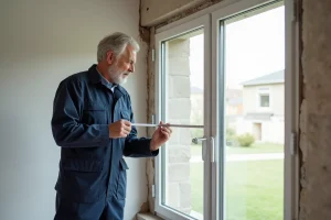 Artisan mesurant un cadre de fenêtre PVC lors d'un chantier de remplacement de fenêtres dans une maison française