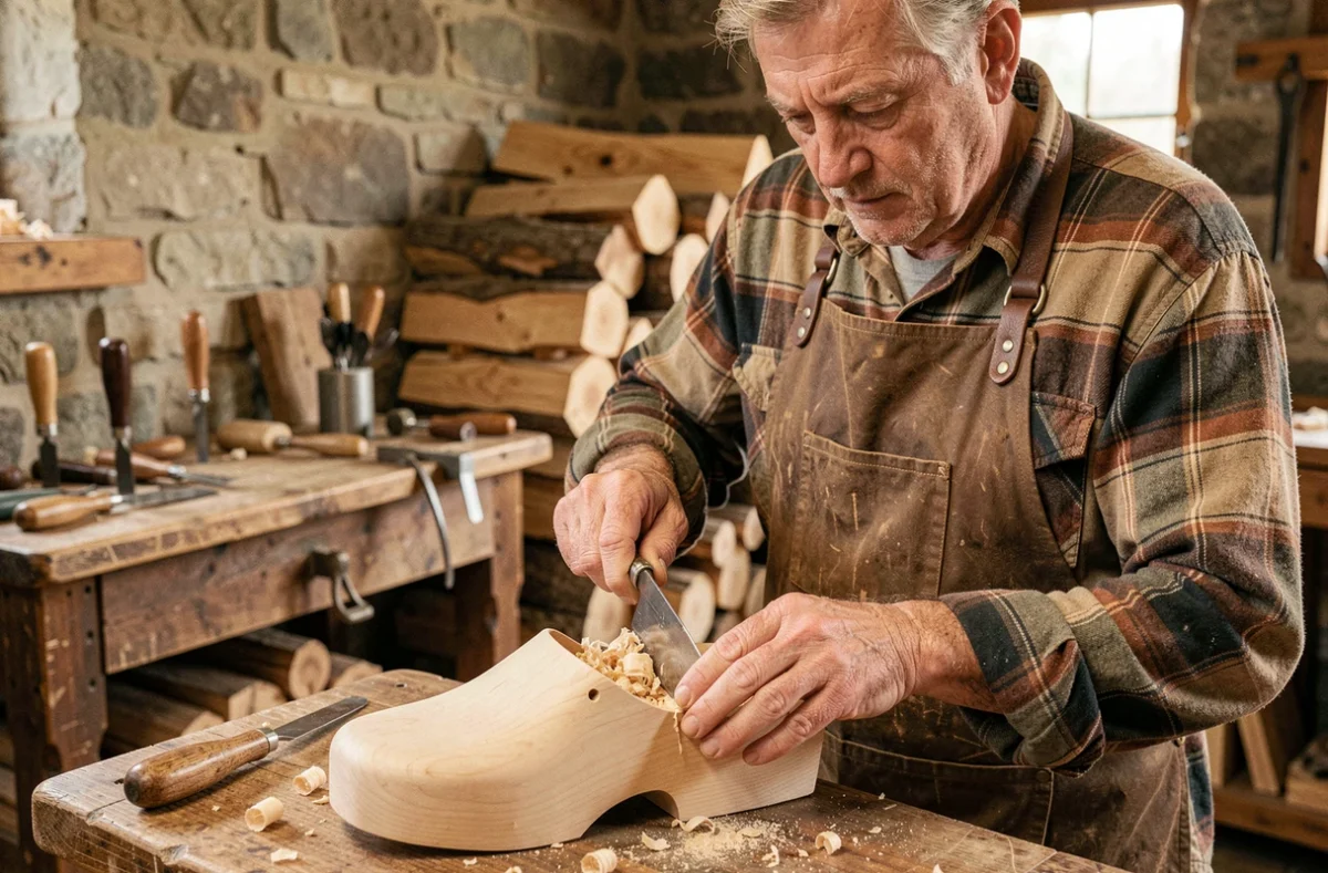 Artisan sabotier sculptant un sabot traditionnel en bois de peuplier dans un atelier rustique