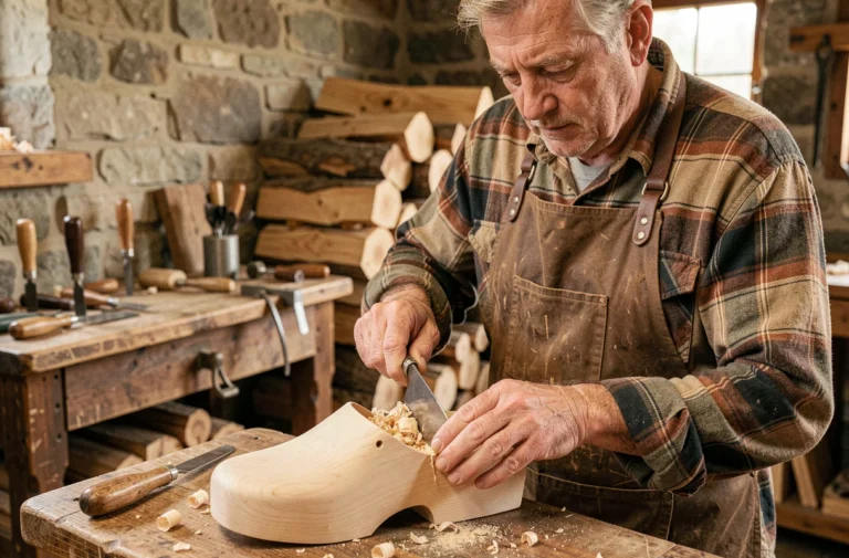 Artisan sabotier sculptant un sabot traditionnel en bois de peuplier dans un atelier rustique