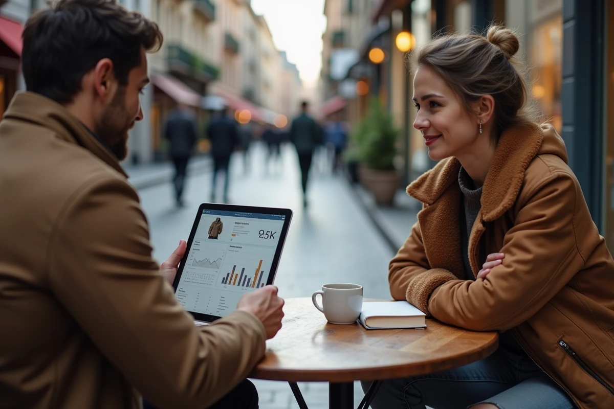 Deux associés discutant du lancement de leur business en ligne autour d'une tablette en terrasse de café