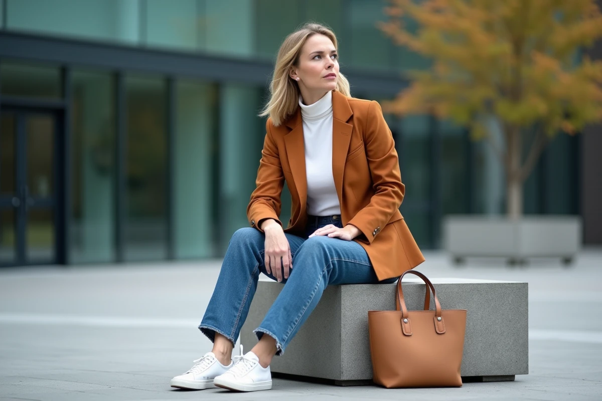 Femme moderne en blazer terracotta et jean droit de la collection 2moiselles Happy Lookeuses dans un cadre urbain contemporain