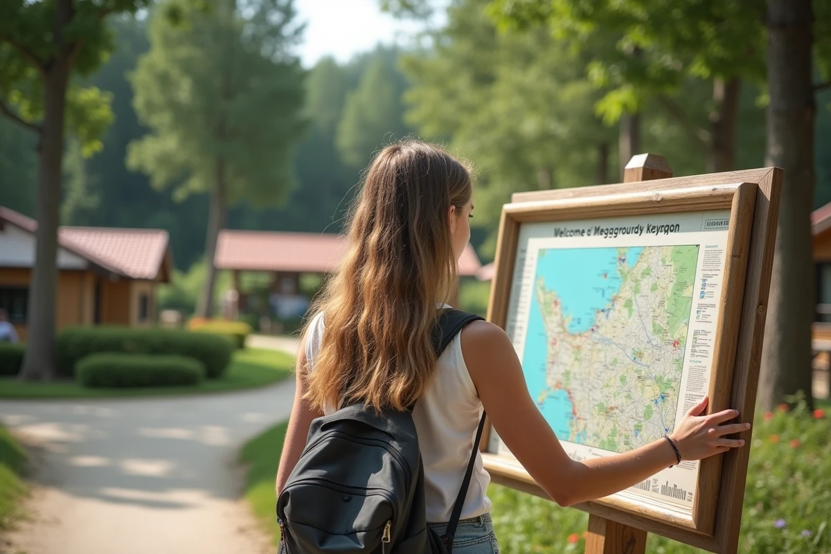 Jeune femme consulte une carte dans un grand camping européen