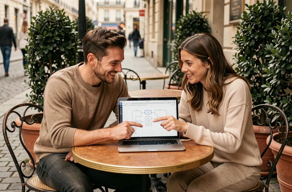 Deux collègues discutant d'un plan de site sur un ordinateur portable en terrasse de café