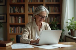 Femme consultant des archives d'état civil en ligne sur un ordinateur portable dans un bureau à domicile