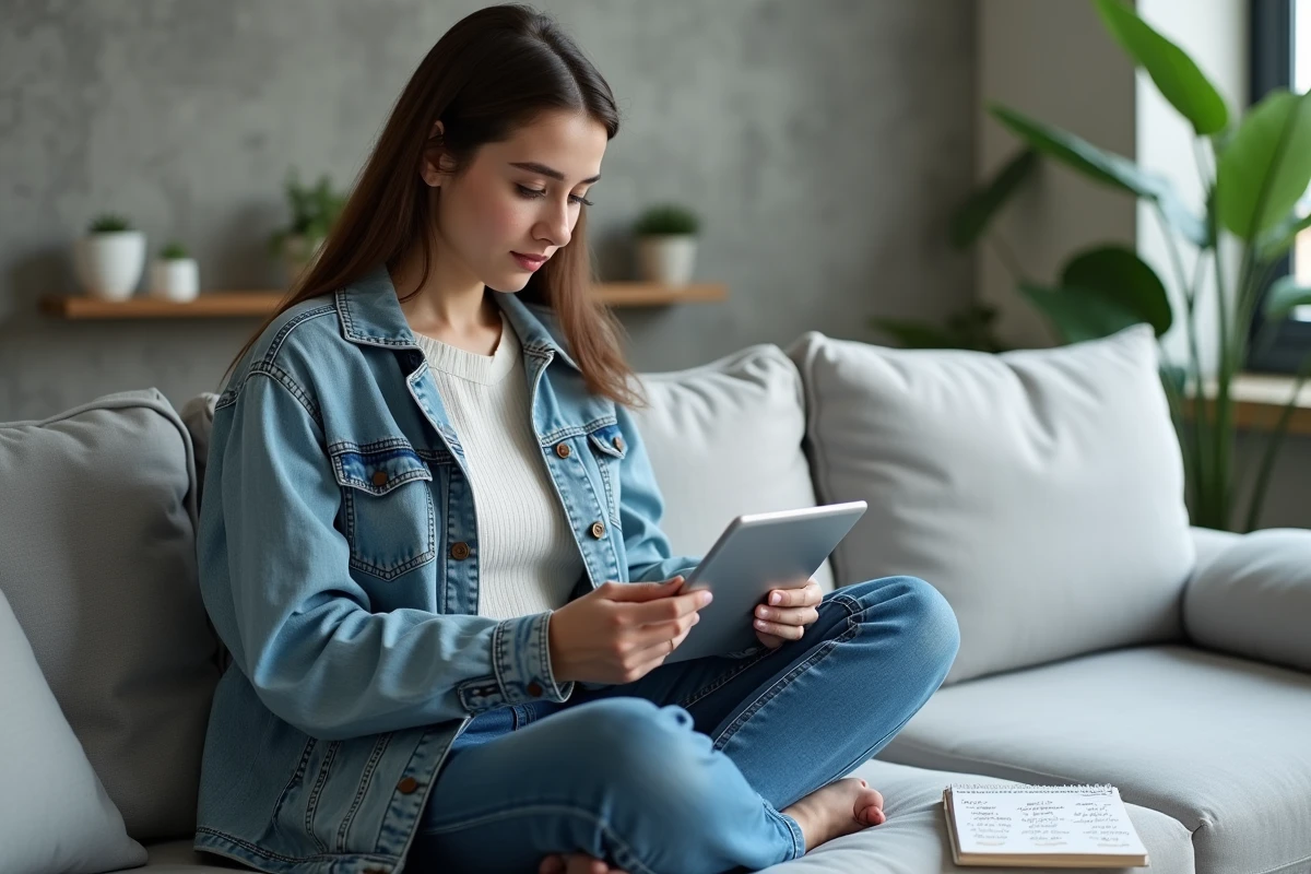 Jeune femme consultant des registres d'état civil anciens sur une tablette dans un salon moderne