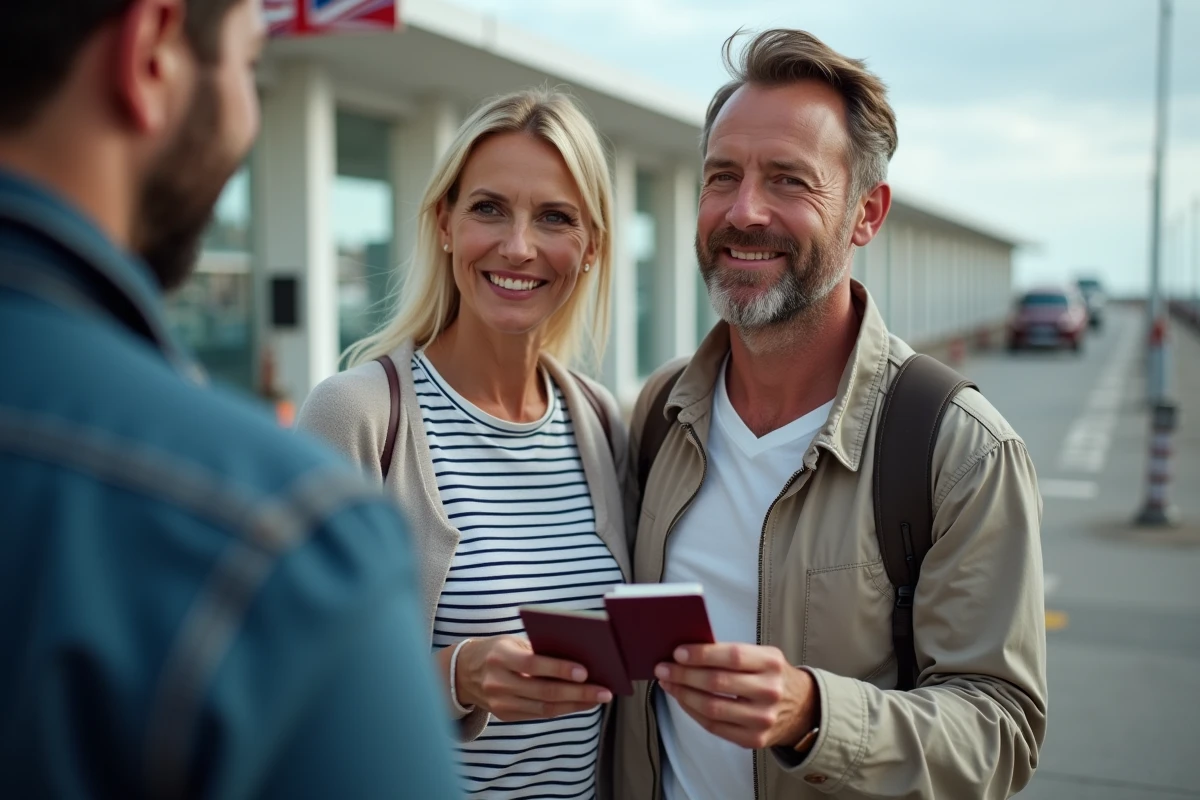 Couple présentant leurs passeports au poste frontière de Gibraltar lors d'un voyage