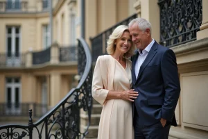 Couple élégant posant devant un bâtiment parisien en pierre lors d'une cérémonie de mariage discret