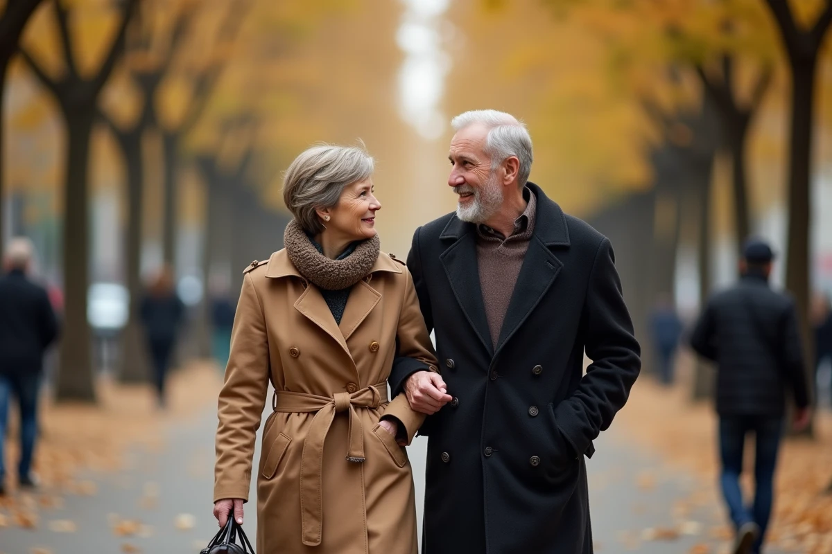 Couple discret se promenant sur un boulevard parisien en automne, illustrant une vie commune loin des projecteurs