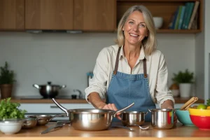 Femme souriante dans une cuisine moderne avec ustensiles de cuisine