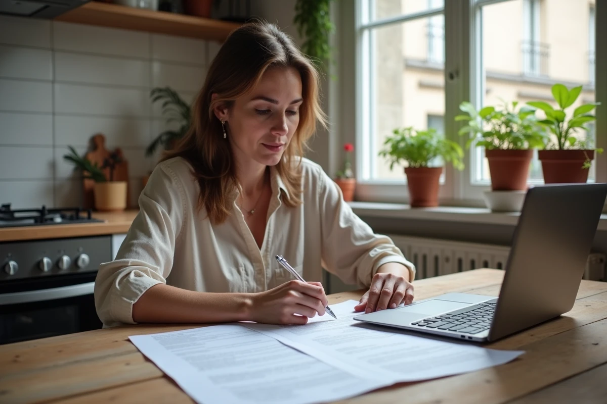 Femme consultant des documents administratifs pour une demande de permis de travaux de remplacement de fenêtres