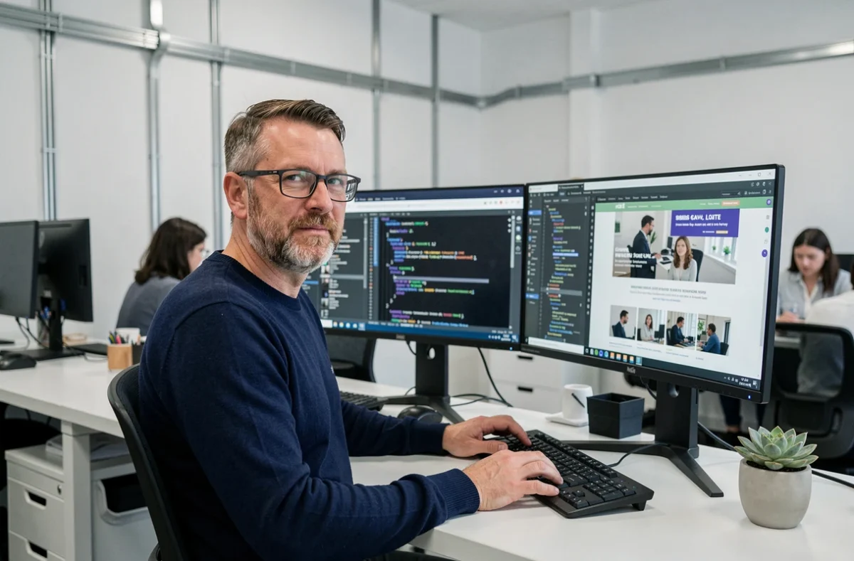 Développeur web travaillant sur des solutions numériques innovantes dans un espace de coworking épuré