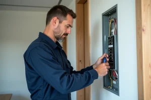 Électricien en uniforme vérifiant un panneau électrique moderne