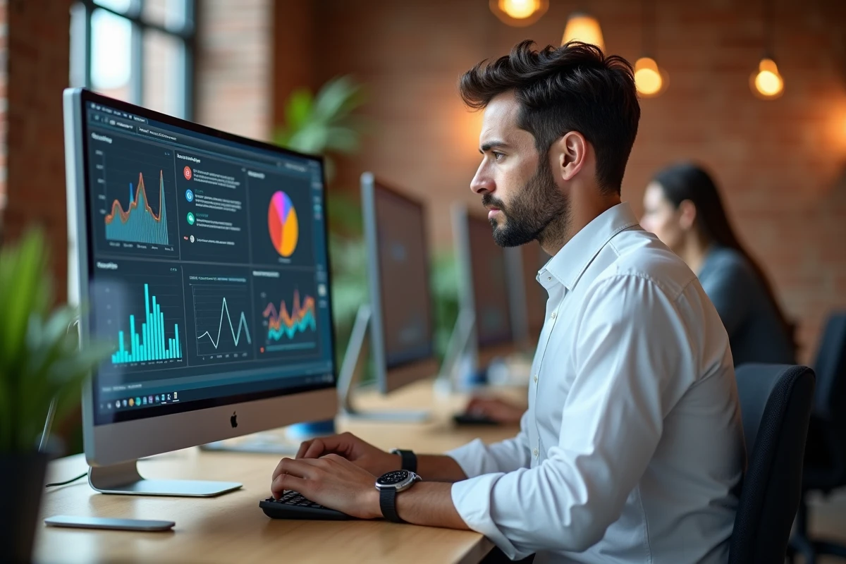 Entrepreneur analysant des tableaux de bord de données économiques sur grand écran dans un espace de coworking moderne