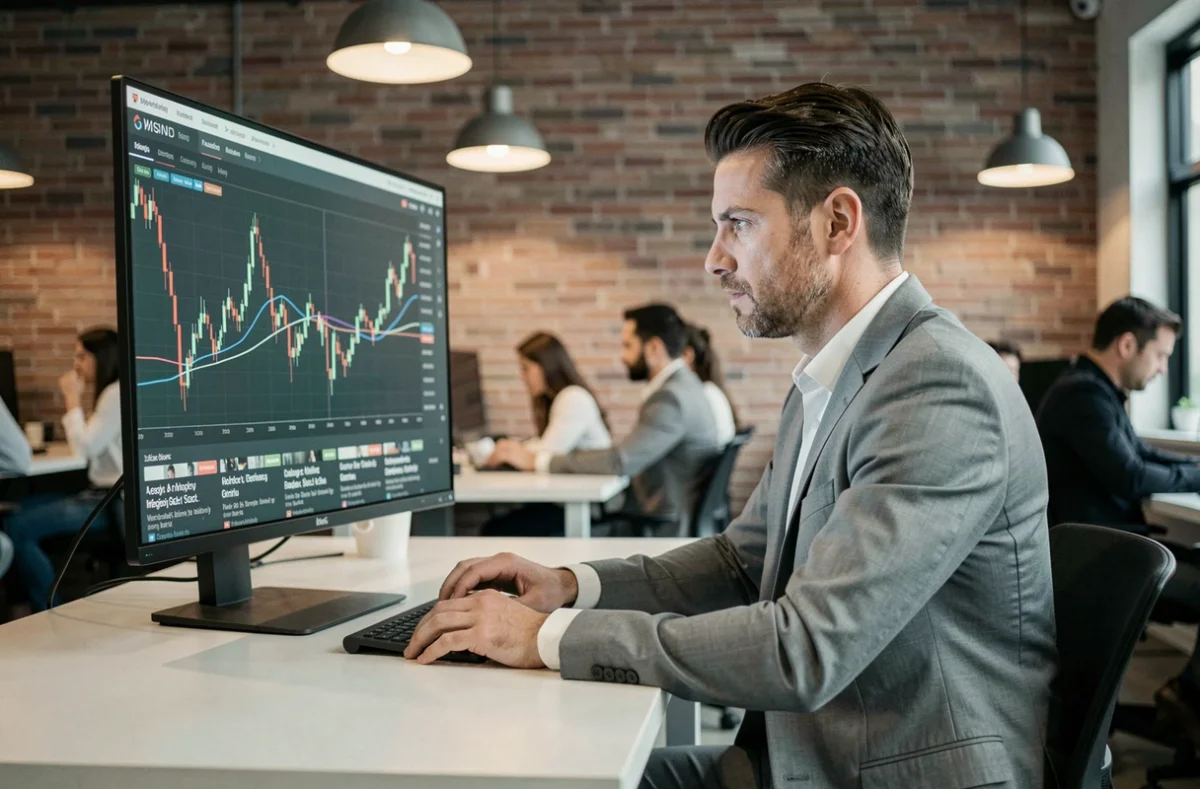 Homme d'affaires analysant les tendances économiques et actualités financières de 2024 sur un grand écran dans un espace de coworking