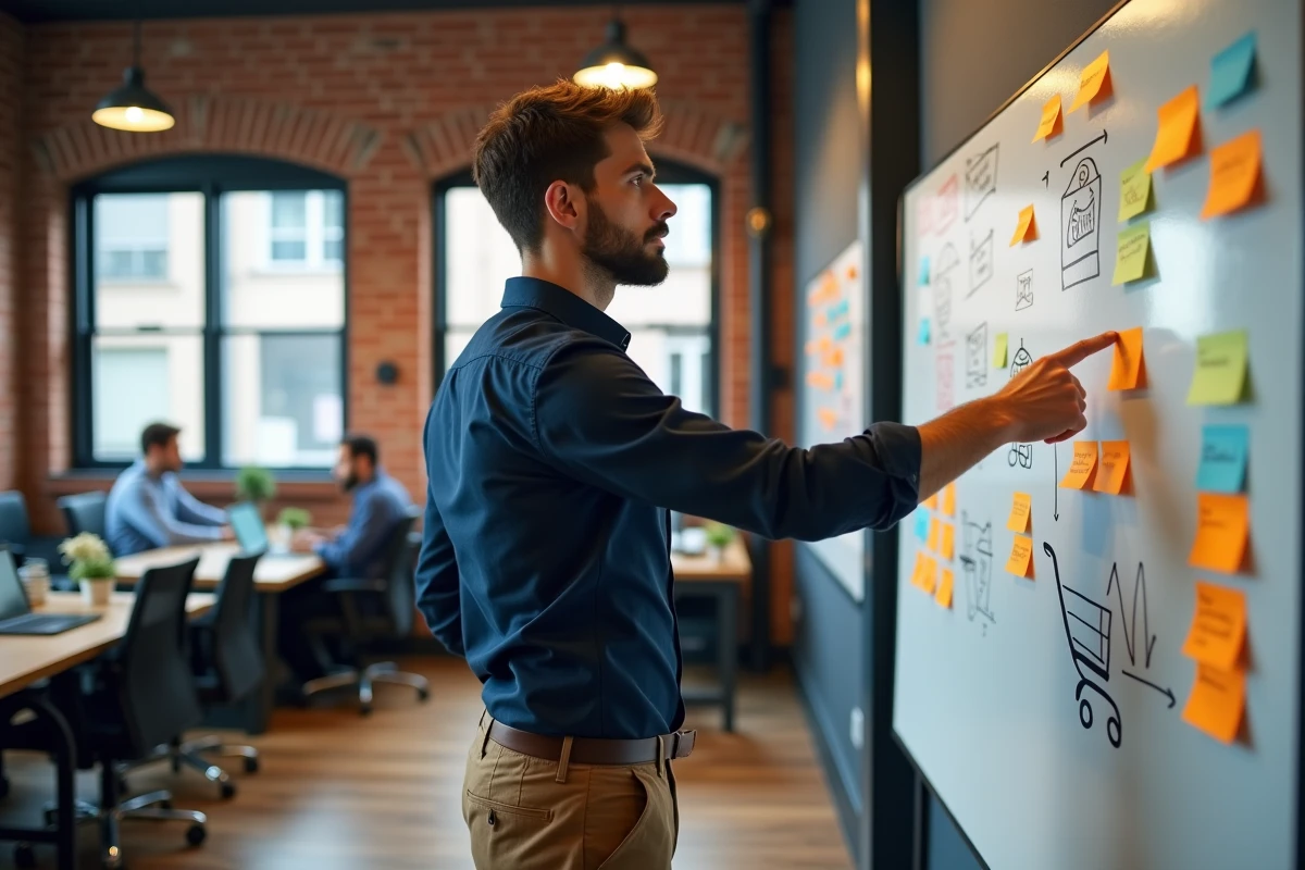 Entrepreneur présentant une stratégie de lancement de business en ligne sur un tableau blanc dans un espace de coworking