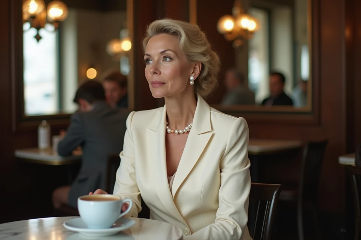 Femme élégante assise dans une brasserie parisienne, évoquant la discrétion et la classe d'une épouse de personnalité médiatique