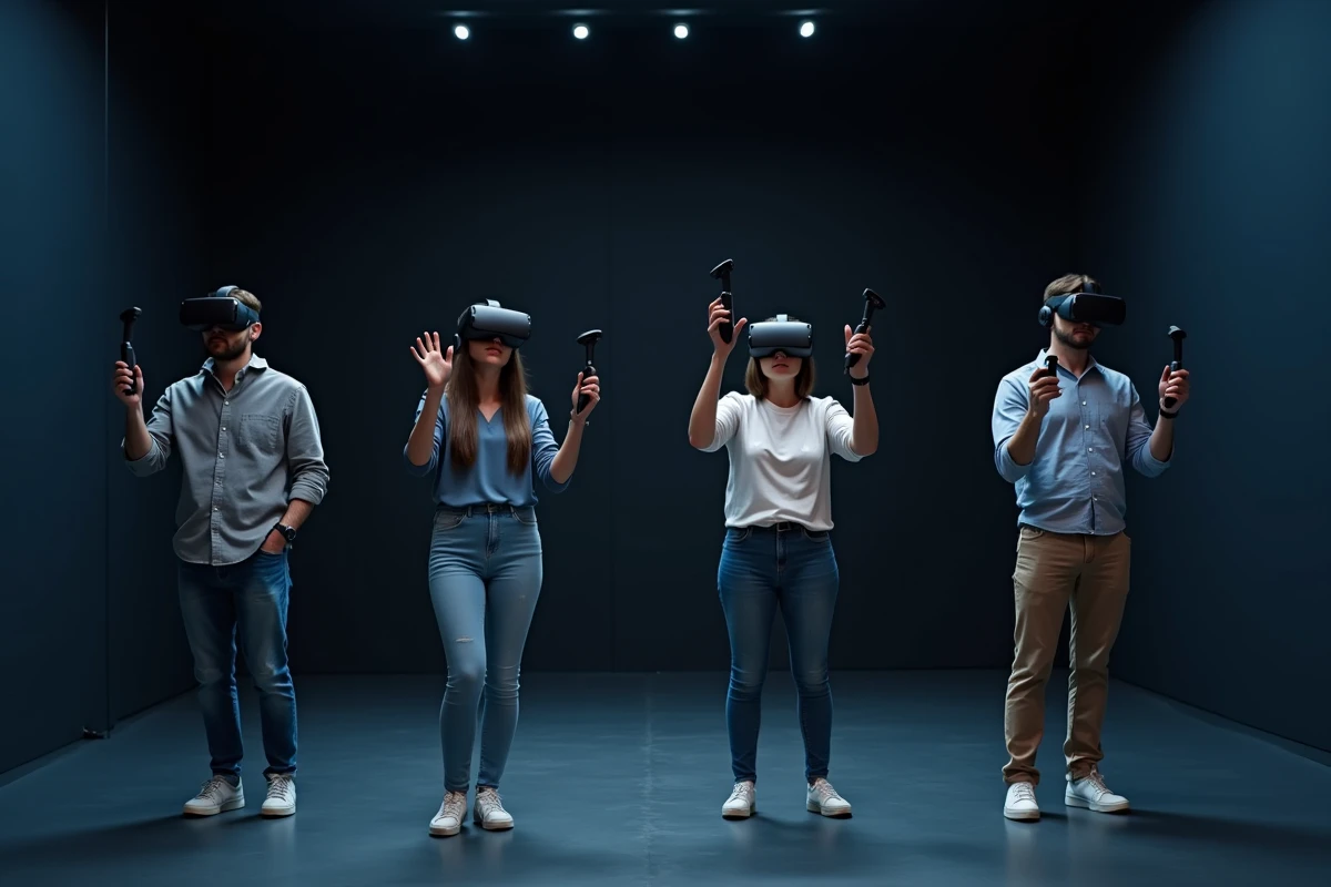 Collègues en casques de réalité virtuelle collaborant lors d'un escape game VR en team building à Rennes