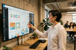 Experte en solutions digitales présentant des tableaux de bord web interactifs dans une agence numérique moderne