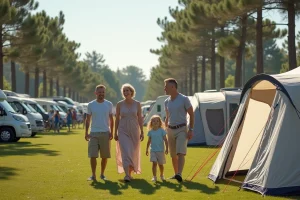 Famille souriante devant leur tente dans un camping nature