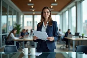 Femme d'affaires analysant des rapports dans un bureau moderne avec vue sur la ville, tendances du monde des affaires