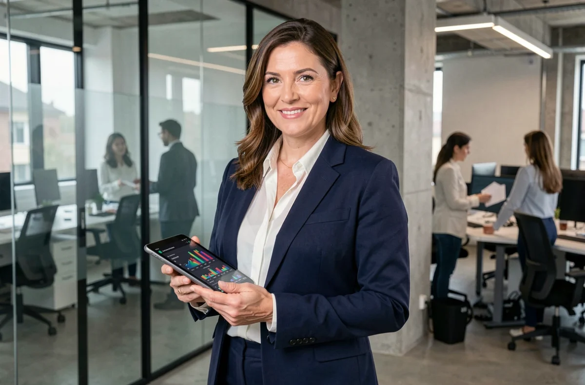 Femme d'affaires en blazer marine tenant une tablette avec des graphiques de données dans un bureau moderne en 2024