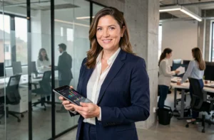 Femme d'affaires en blazer marine tenant une tablette avec des graphiques de données dans un bureau moderne en 2024