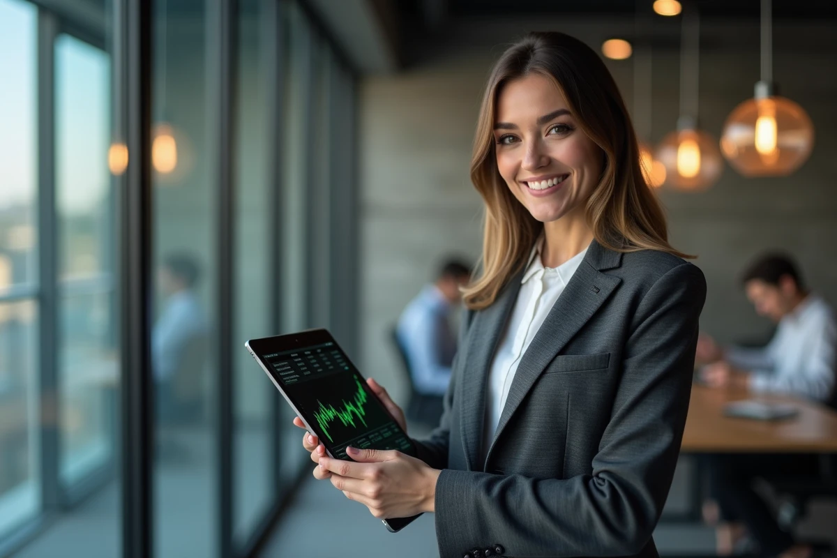 Femme d'affaires consultant un portefeuille boursier sur une tablette dans un espace de coworking moderne avec vue sur la ville