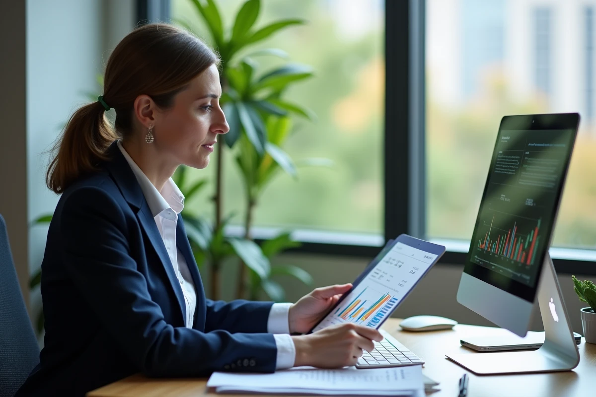 Femme analysant un rapport financier dans un bureau lumineux