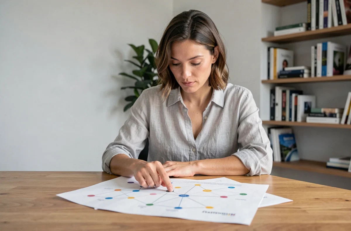 Femme analysant un plan de site structuré sur un bureau en bois dans un bureau moderne