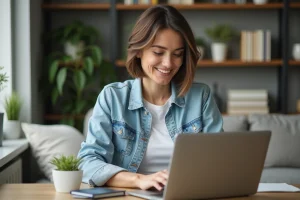 Femme en denim blanc travaillant sur son ordinateur à la maison