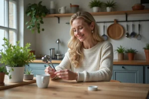 Femme examinant des ustensiles de cuisine modernes dans une cuisine lumineuse
