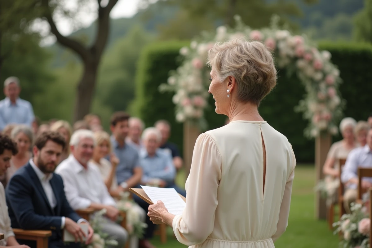 Femme âgée lisant un discours dans un cadre extérieur