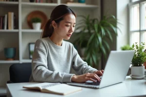 Femme entrepreneur travaillant sur son business en ligne depuis un bureau à domicile minimaliste