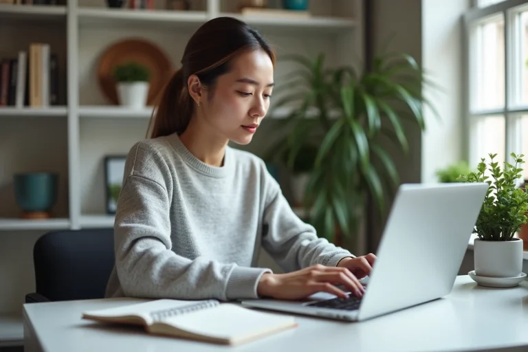 Femme entrepreneur travaillant sur son business en ligne depuis un bureau à domicile minimaliste