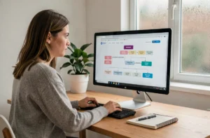 Femme naviguant sur un site web structuré devant un grand écran affichant un plan de navigation clair dans un bureau moderne