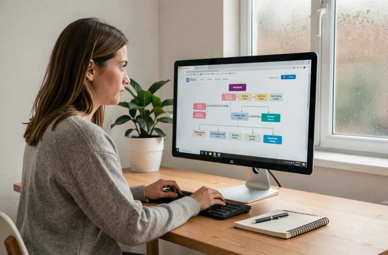 Femme naviguant sur un site web structuré devant un grand écran affichant un plan de navigation clair dans un bureau moderne