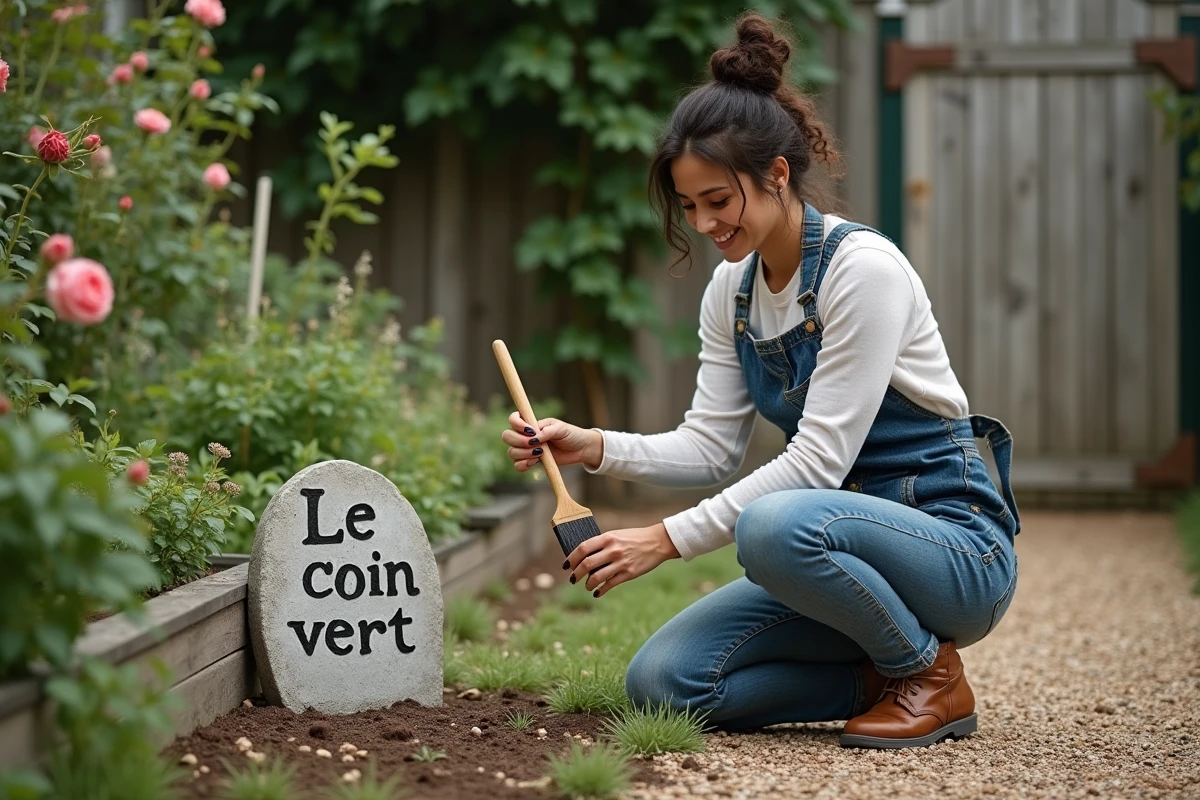 Femme peignant une pierre décorative avec le nom 'Le Coin Vert' à l'entrée d'un petit jardin de banlieue