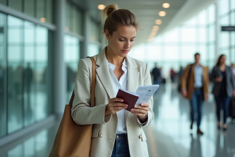 Femme tenant un passeport et une carte d'embarquement dans un terminal d'aéroport avant un voyage à Gibraltar