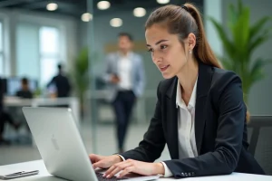 Femme professionnelle concentrée sur son ordinateur en open space
