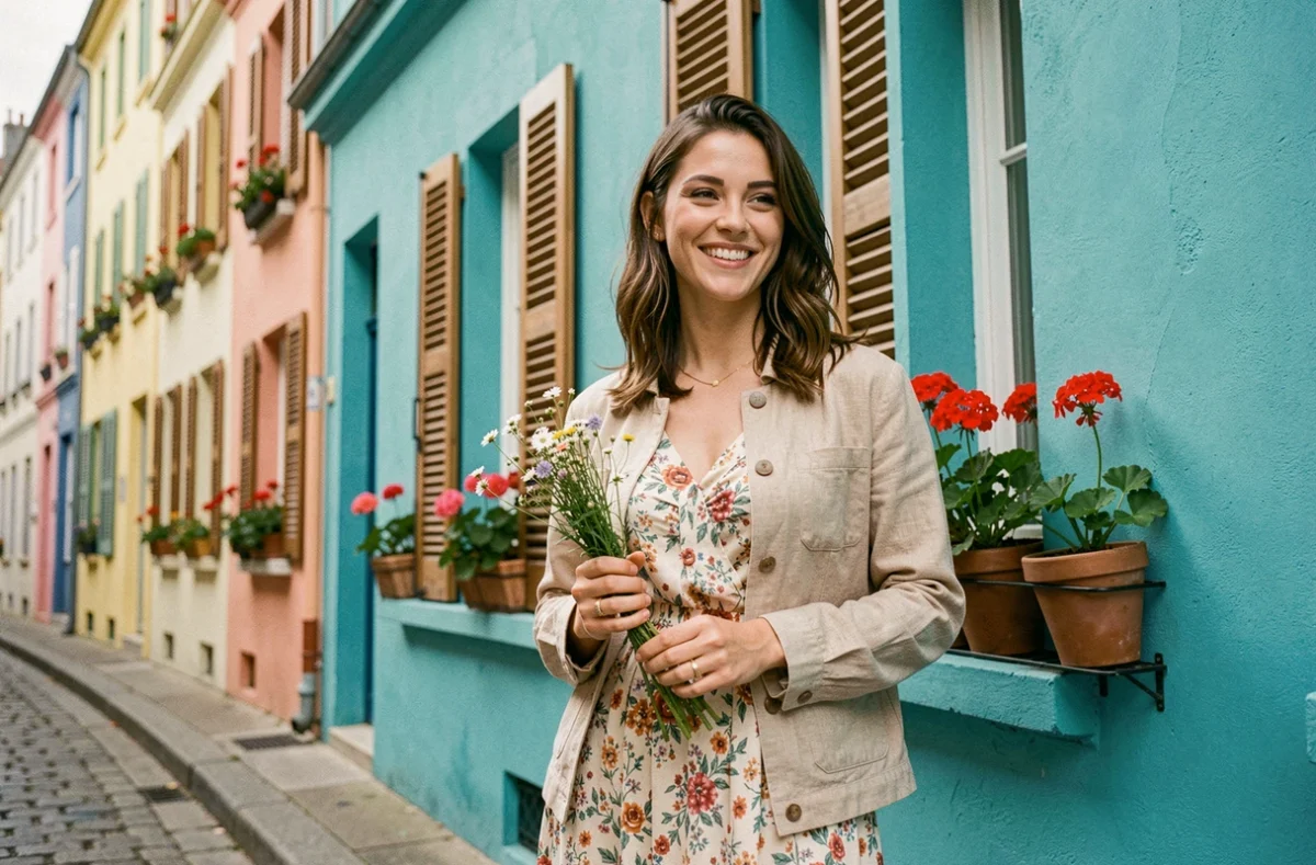 Femme souriante devant une façade turquoise de la rue Crémieux à Paris, robe fleurie et bouquet de fleurs sauvages, ambiance parisienne authentique