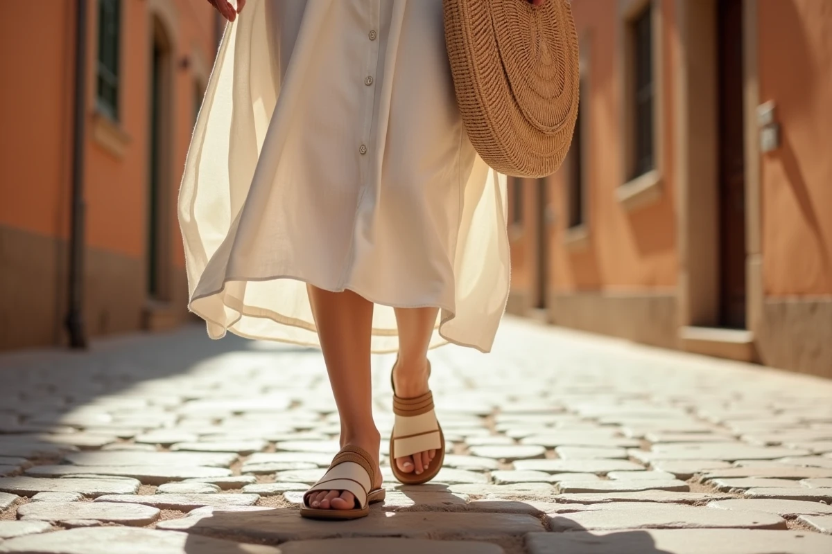 Femme portant des sandales plates confortables et élégantes dans une rue pavée européenne, alternative stylée aux Birkenstock pour un look estival décontracté
