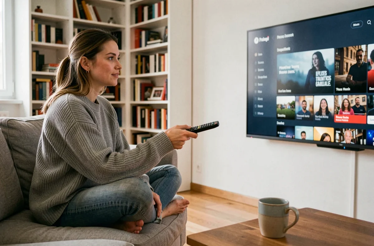 Jeune femme naviguant sur une plateforme de streaming depuis son canapé avec une télécommande