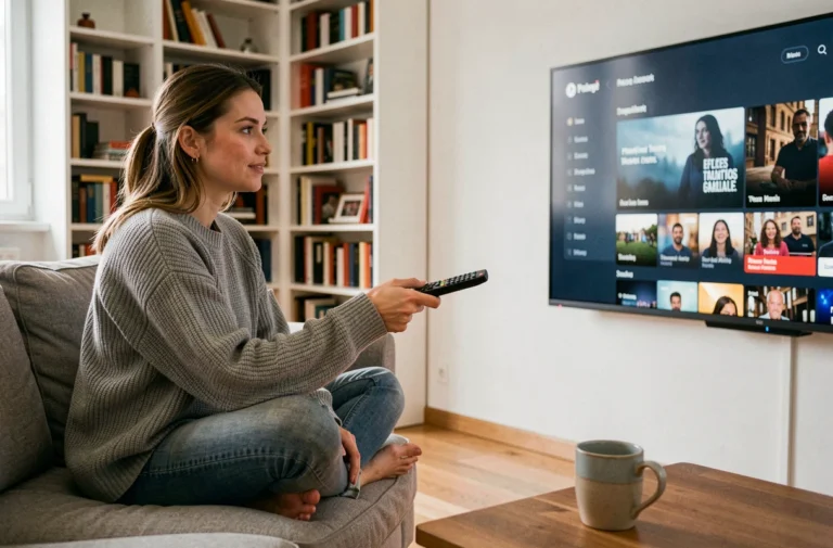Jeune femme naviguant sur une plateforme de streaming depuis son canapé avec une télécommande