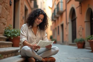 Femme voyageuse assise sur des marches en pierre dans une ruelle européenne, consultant une carte papier avec curiosité