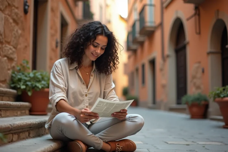 Femme voyageuse assise sur des marches en pierre dans une ruelle européenne, consultant une carte papier avec curiosité