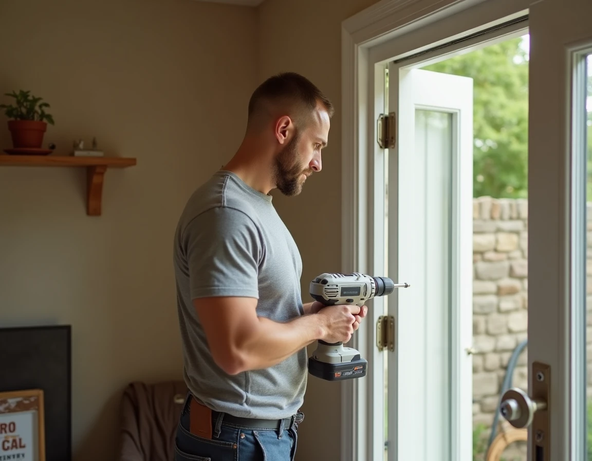 Homme vissant un support de tringle à rideau sur un montant de porte d'entrée avec une perceuse