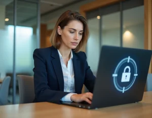 Femme professionnelle gérant son espace Securitas en ligne depuis un bureau moderne